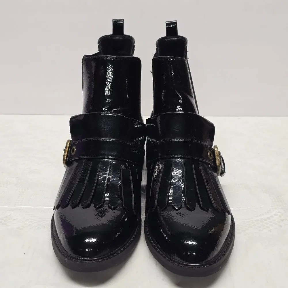 Marc Fisher Brigita Kiltie Buckle Booties In Black Patent Faux Leather Size 9.5